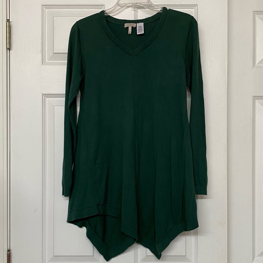 LOGO Cashmere Blend Handkerchief Hem V-neck Long Line Dark Green Sweater Sz S
